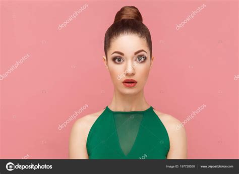Portrait Surprised Beautiful Woman Big Eyes Looking Camera Pink