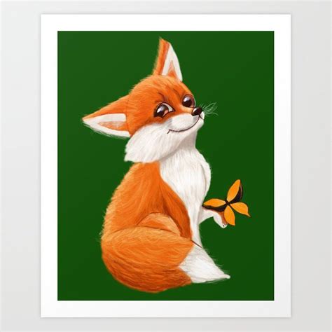 Cute Fox Playing With A Butterfly Art Print By Melaniencreations
