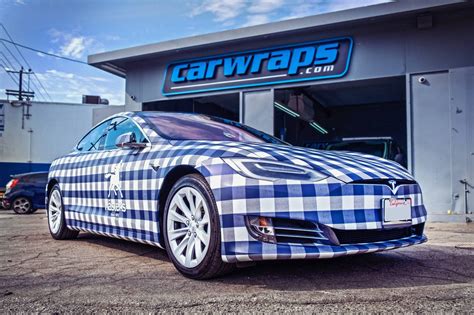 Blue White Plaid Tesla Model S Car Wrap