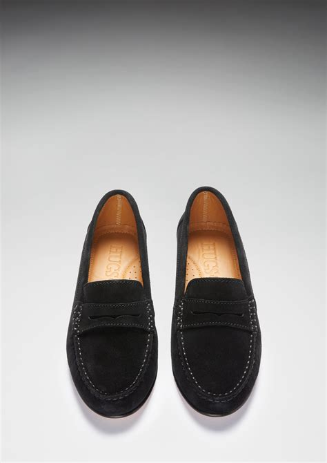 Womens Penny Loafers Leather Sole Black Suede Hugs And Co