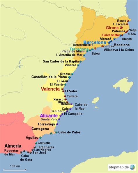 ˈrejno ð(e) esˈpaɲa]) ist ein staat auf der iberischen halbinsel im südwesten europas, mit den balearischen inseln im mittelmeer, den kanarischen inseln im atlantik und zwei exklaven in nordafrika. StepMap - Ostküste Spaniens - Landkarte für Spanien