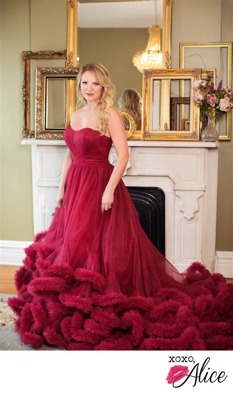 Glamorous Red Dress Tulle Fireplace Gold Frame Studio St Louis Pin