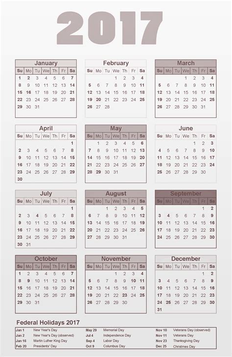 2017 Calendar With Federal Holidays Printable Calendar