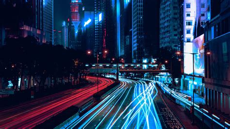 Download Wallpaper 2048x1152 Night City Skyscrapers Road Light