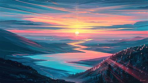 Sunset Scenery River Digital Art 4k Pc Hd Wallpaper
