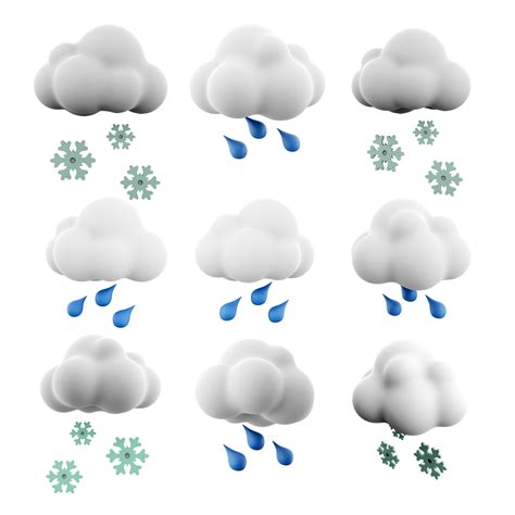 3d Rendering Cloud Rain And Snow Icon Set 3d Render Weather Concept