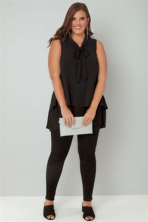 Black Layered Blouse With Pussy Bow Tie Plus Size 16 To 36