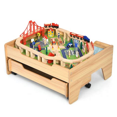 Childrens Wooden Railway Set Table With 100 Pieces Storage Drawers