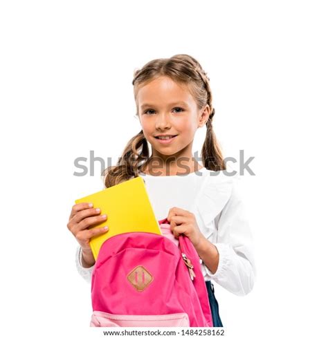Smiling Child Putting Book Pink Backpack Stock Photo 1484258162