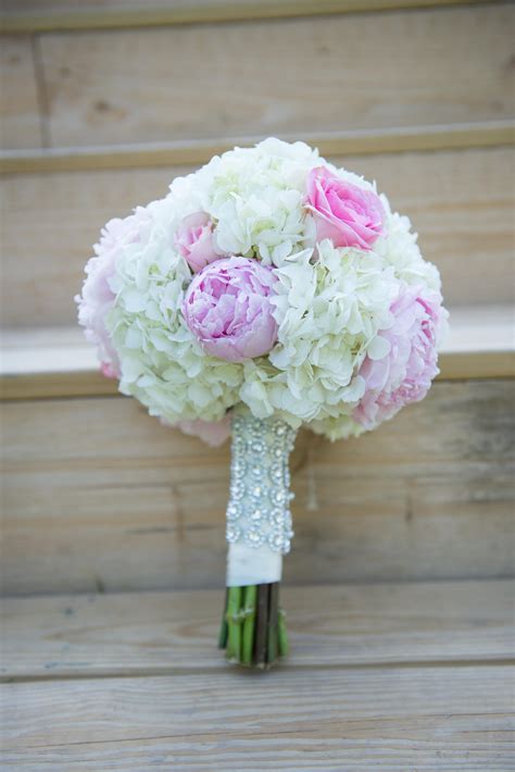 Ivory Hydrangea Pink Peony Round Bridal Bouquet