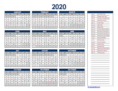 2020 Malaysia Yearly Excel Calendar Free Printable Templates
