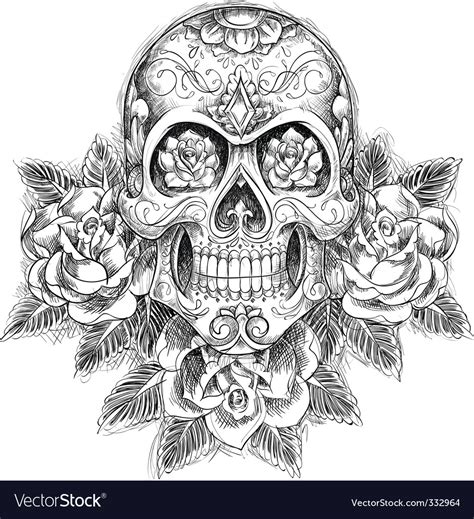 Sketchy Skull With Roses Royalty Free Vector Image