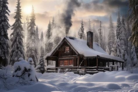 Snow Covered Log Cabin With Smoke From The Chimney Stock Photo Image