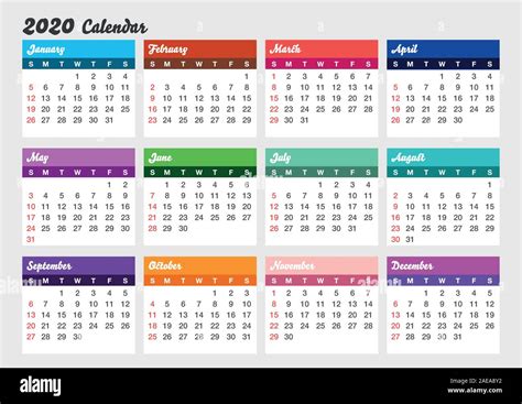 Colorido Año 2020 Calendario Plantilla De Calendario Horizontal