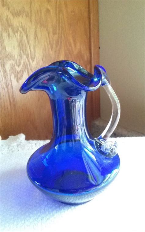 Vintage Cobalt Blue Glass Pitcher Blown Glass Applied Handle Etsy Blue Glass Pitcher Blue