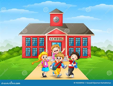 Happy Childrens Cartoon In Front Of School Building Stock Vector