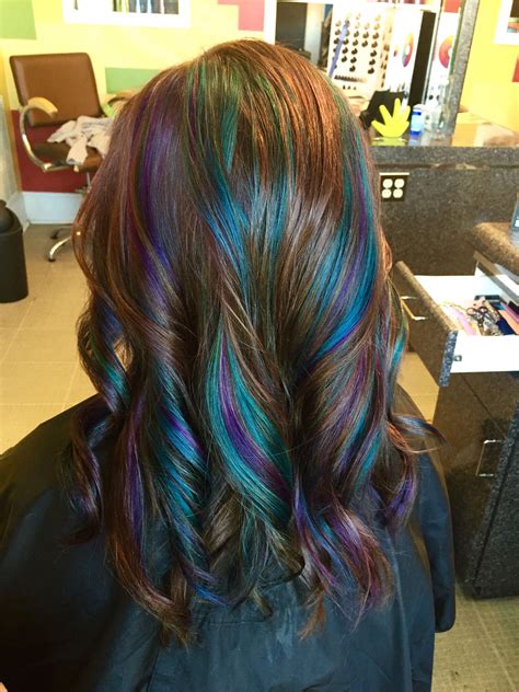 Muted gray and blue highlights for black hair Brown haircolor with peacock teal and purple highlights ...