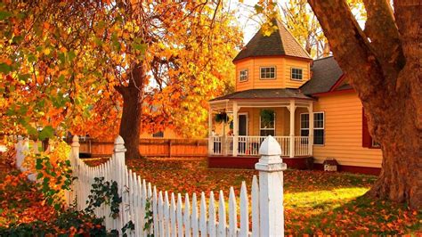 House With White Fence And Autumn Trees Hd Nature Wallpapers Hd