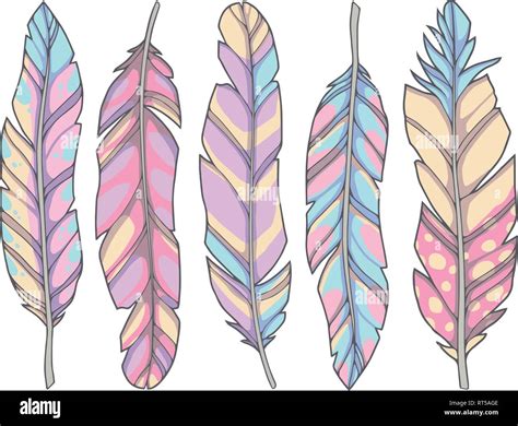 Vector Collection Of Pastel Rainbow Colored Cartoon Feather Drawings