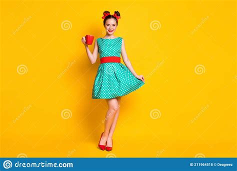 Full Body Photo Of Positive Girl Hold Caffeine Beverage Mug Touch Teal Skirt Isolated Bright