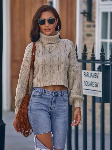 Cable Knit Turtleneck Cropped Sweater Fashion Cropped Sweater
