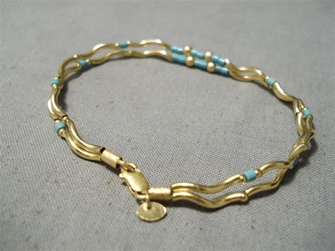 Solid 14k Gold Vintage Native American Turquoise Heishi Bracelet