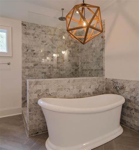 You can get a set of outdoor shower walls from a variety of places, and. Freestanding Tub in Front of Shower - Transitional - Bathroom