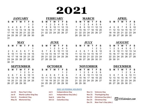Small 2021 Calendar Printable 2021 Yearly Calendar Printable
