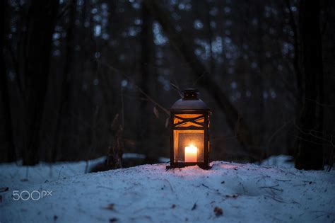 Wooden Lantern In The Evening Forest Wooden Lantern With A Candle