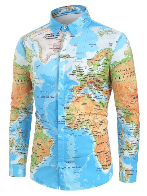 World Map Print Hidden Button Shirt Cool Shirts For Men Casual