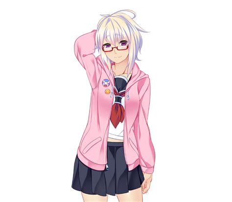 safebooru 1girl arms up blush breasts game cg glasses jacket large breasts legs looking at