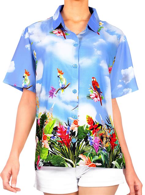 La Leela Womens Hawaiian Shirt Blouse Tops Short Sleeve Shirt M Blue