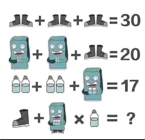 Shoes + shoes + shoes = 30 man + man + shoes = 20 ribbons + ribbons + man = 13 shoes + man x ribbons = ? Complicated Math Puzzle - PuzzlersWorld.com