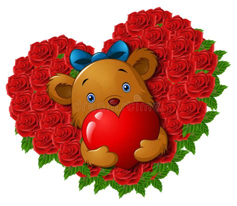 Cute Teddy Bear Holding Red Heart In Roses Flower Shape Heart Stock