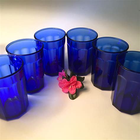 Set Of Six Brilliant Cobalt Blue Large Glass Tumblers With Ten Etsy