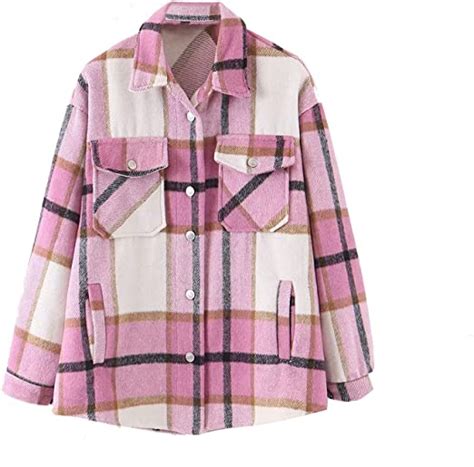 Womens Shacket Blend Plaid Flannel Jacket Wool Lapel Button
