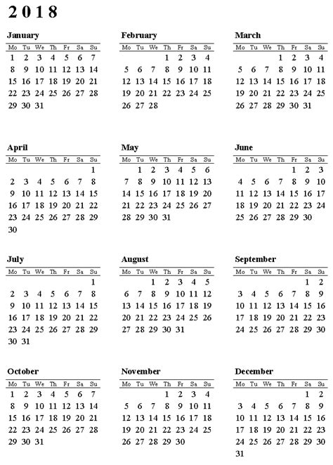 2018 Vertical Calendar Printable Printable Yearly Calendar Yearly