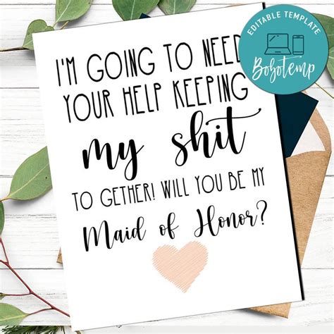 But when all the planning is over and the wedding day arrives, you may feel even more pressure because now, you have to present a maid of honor speech. Will You Be My Maid of Honor Proposal Card to print at home | Bobotemp