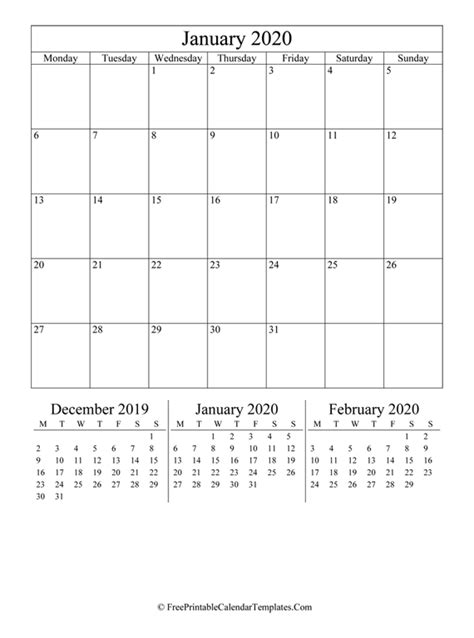 2020 January Calendar Printable Vertical
