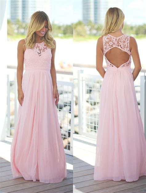Blushing Pink Lace Chiffon Beach Bridesmaid Dresses Long Sleeveless