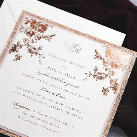 Rose Gold Blush And Champagne Floral Invitation With Foil Print And