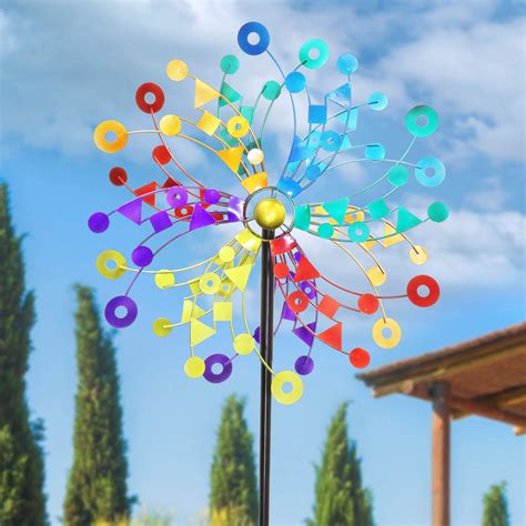 Exhart Rainbow Windmill Garden Stake Colorful Wind Dual Spinner W