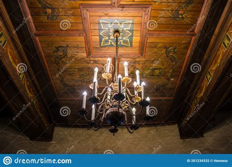 Chandelier And Ceiling In The Castle Interior Element Stock Photo
