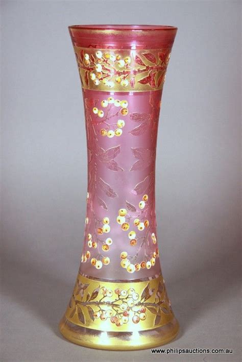 Signed Moser Cranberry Glass Vase With Enamel And Gilt Decoration European Glass