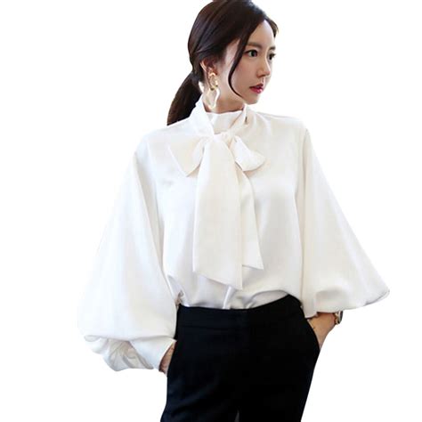 Korean Womens Tops And Blouses Lace Up Bow Lantern Sleeve Shirt Chiffon Blouse Women Temperament ...