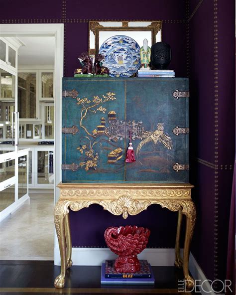 Chinoiserie Cabinet Purple Upholstered Walls Asian Home Decor