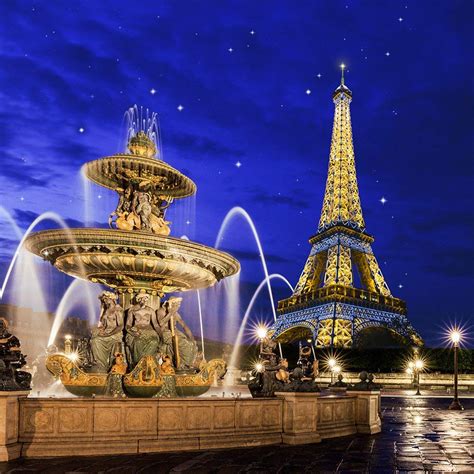 Paris Fountain Gold Eiffel Tower Night Square Photography Backgrounds
