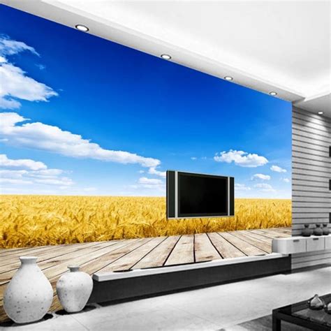Beibehang Custom Wallpaper 3d Mural Golden Wheat Field Blue Sky White