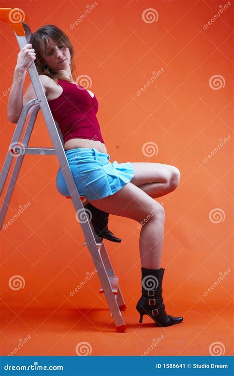 Vrouw Op Ladder 2 Stock Afbeelding Image Of Interessant 1586641