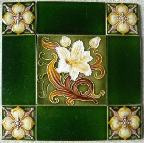 England Antique Art Nouveau Majolica 9 Set Tile C1900 Art Nouveau